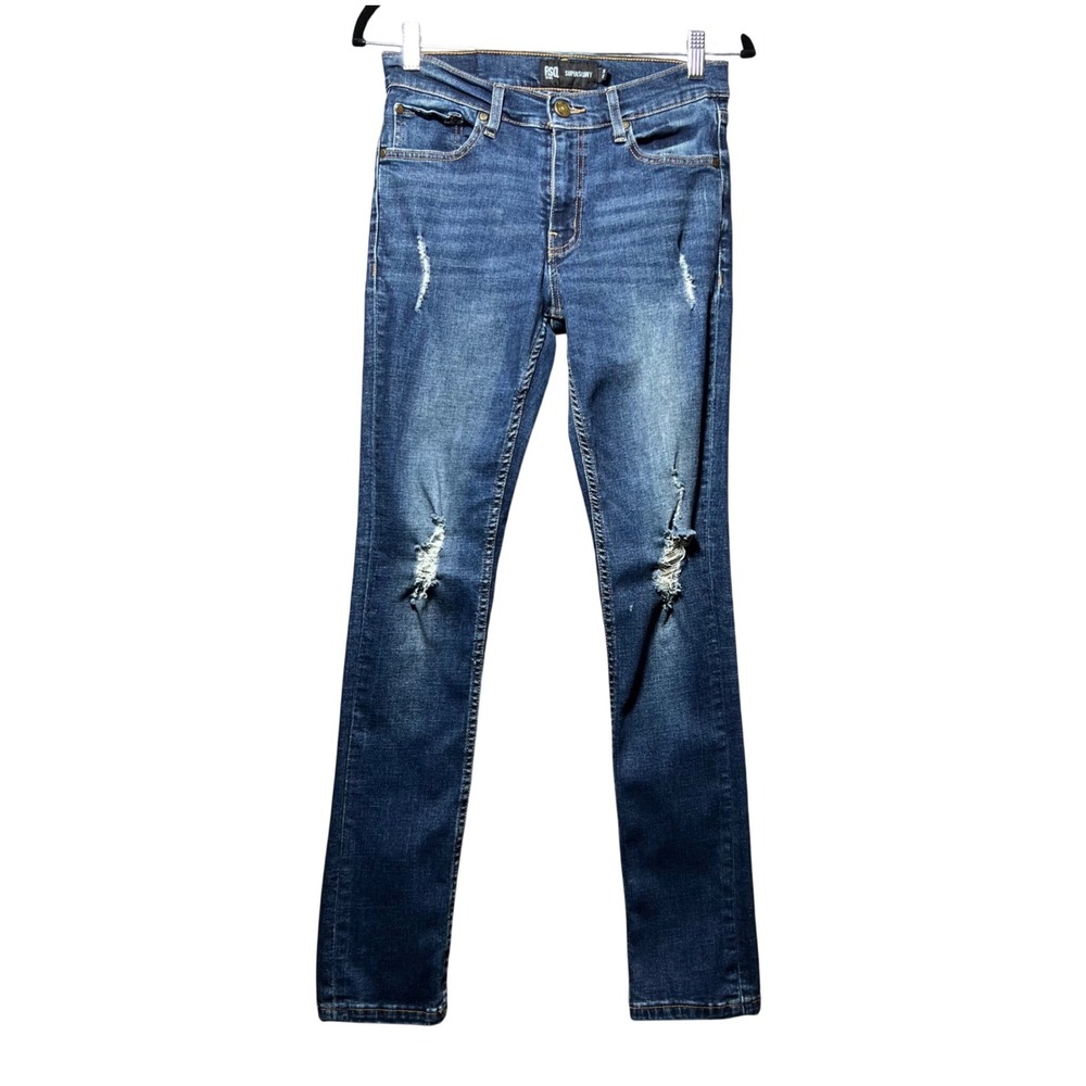 RSQ Super Skinny Distressed‎ Jeans Medium Wash Blue Denim 28x32 Ripped Knee